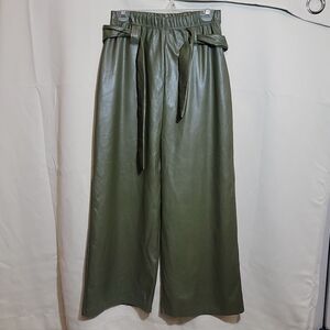 Boohoo Faux Leather Corduroy Super wide leg crop pants  Olive Color Size 10 US